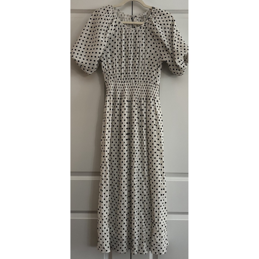 Moon River Womens Fit & Flare Dress White Polka Dot Puff Sleeve Smocked Waist S